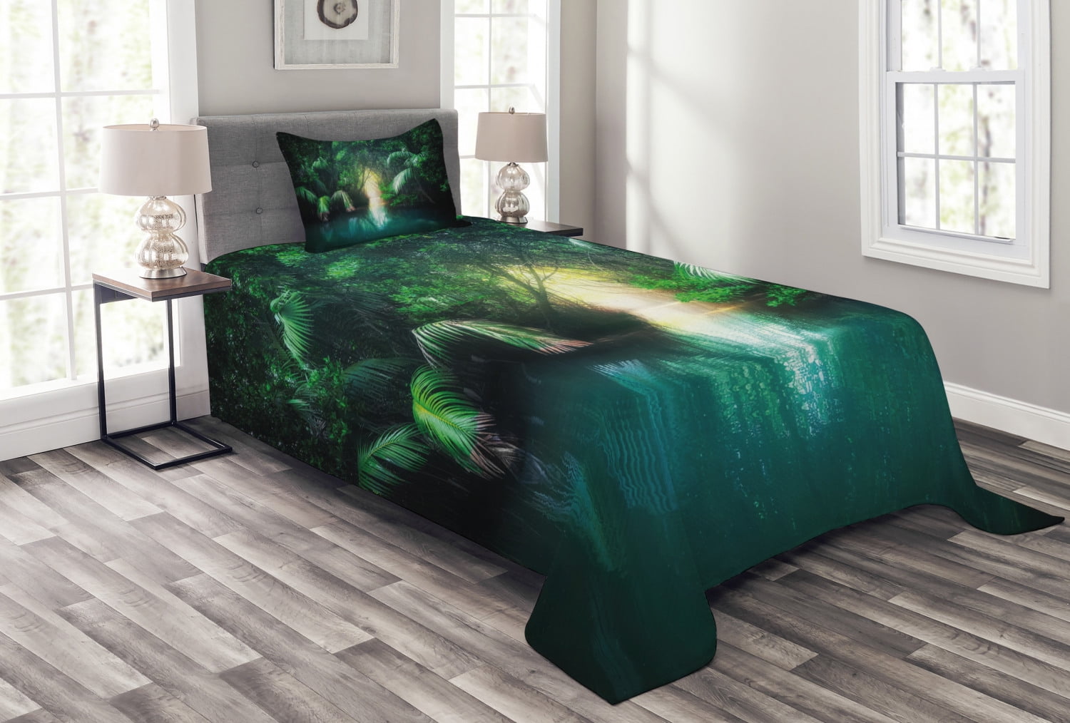 Jungle Bedspread Set Twin Size, Tropical Lake Mangrove Rainforest Pathway through Lush Sri Lanka