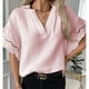 thumbnail image 3 of Camisa casual para mujer, cuello en V, color sólido, manga corta, costura de encaje, elegante top de verano para uso diario, 3 of 5