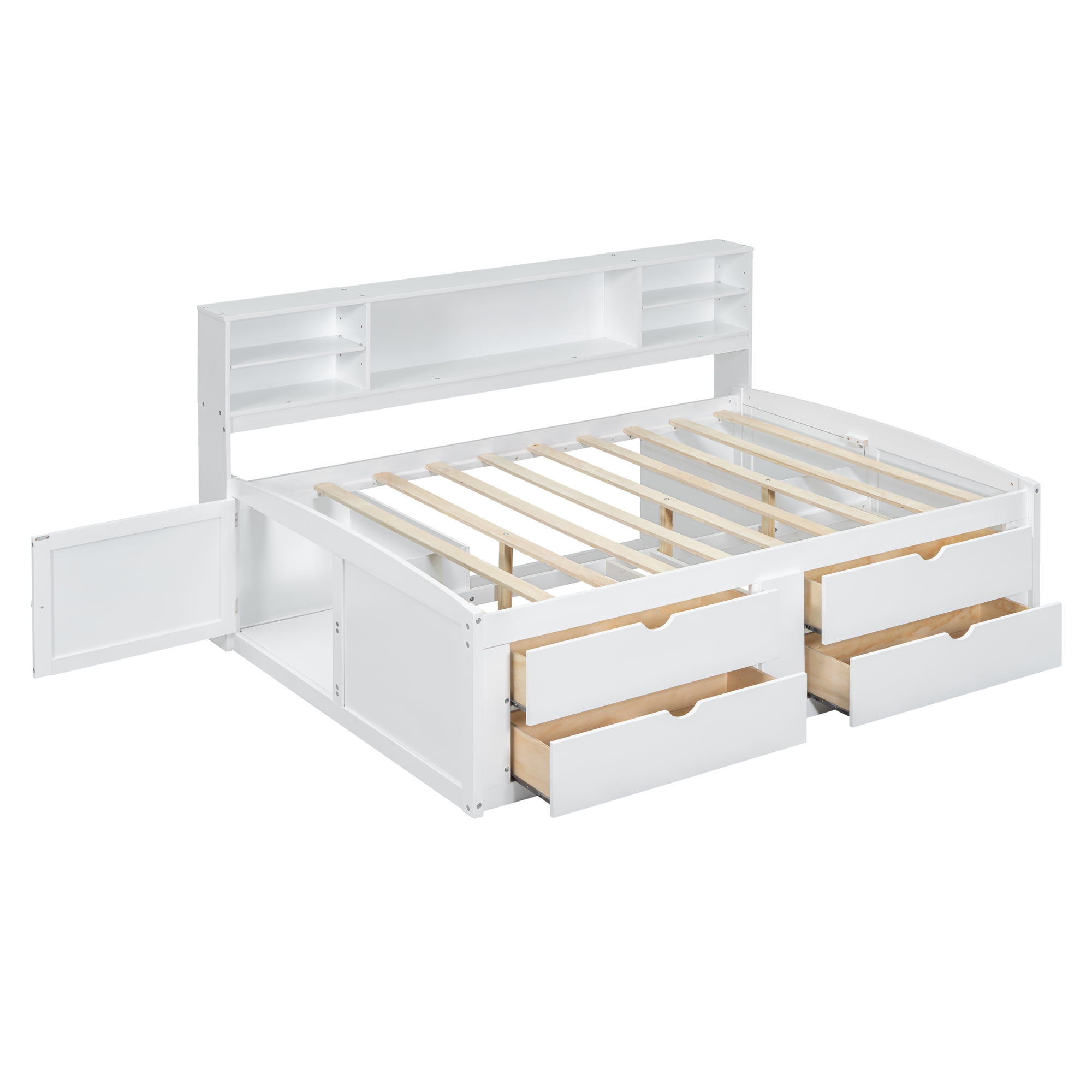 Mintazer Full Daybed Frame with Bookcase Headboard, Multifunctional Storage Bed with 4 Storage Drawers & Side Cabinet for Bedroom Guest Room, White