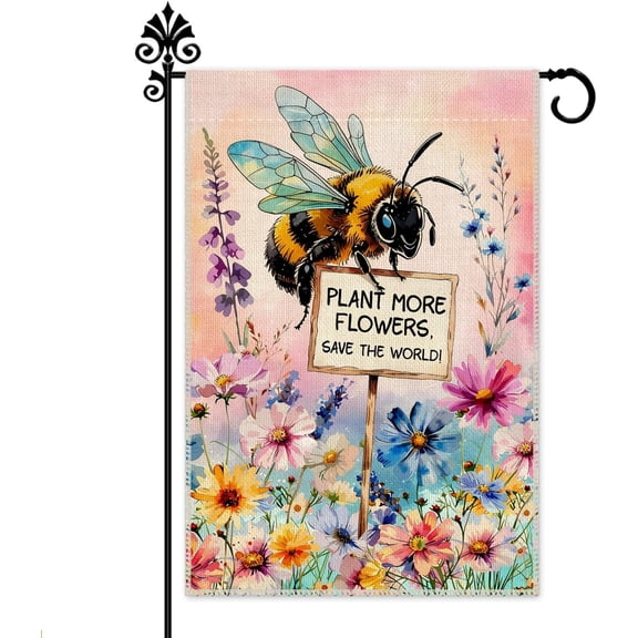 Plant More Flowers Save The World Garden Flag, 12 x 18 Inch Double Sided Watercolor Bee Floral Yard Lawn Patio Decor, Earth Day Gift for Gardener