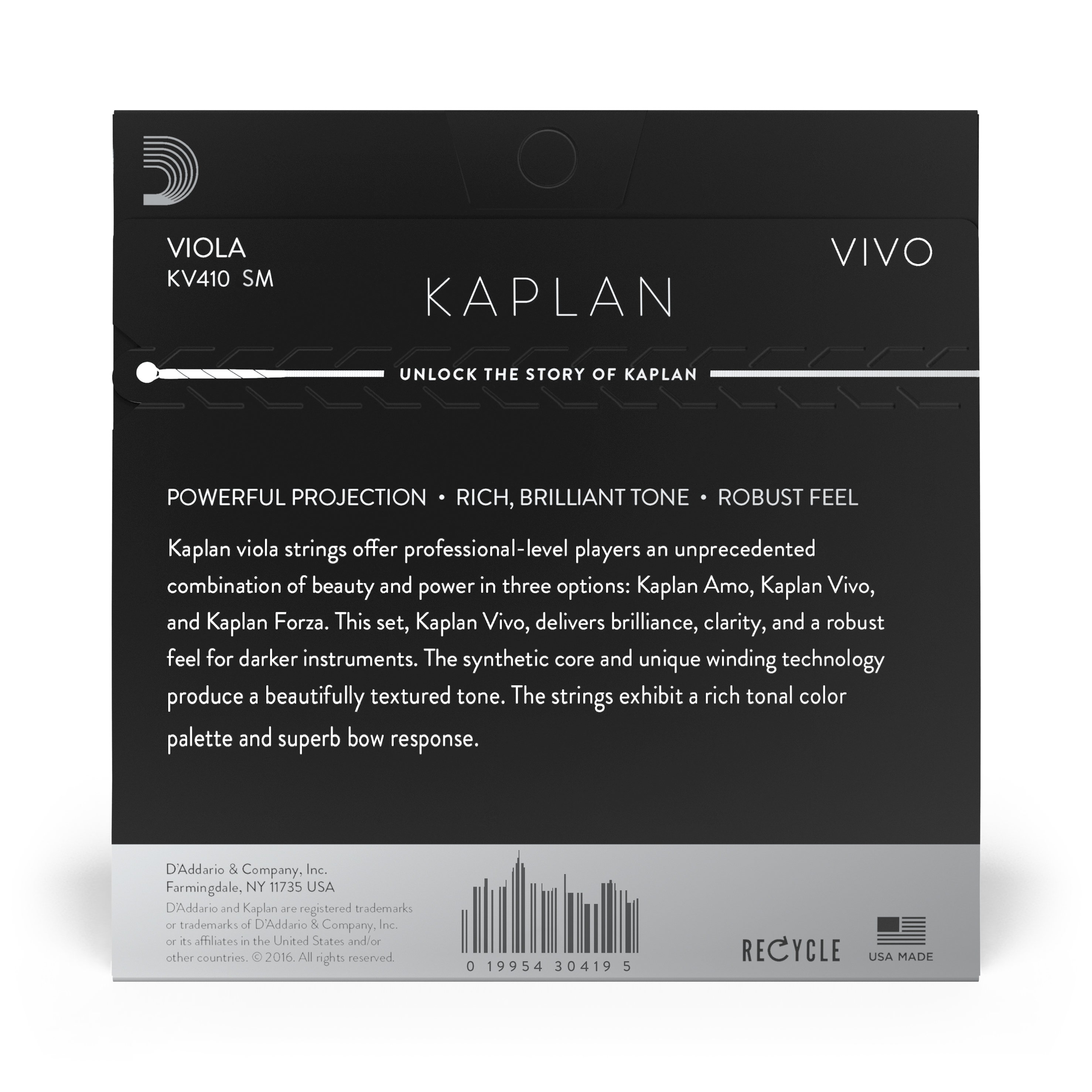 D'Addario Kaplan Vivo Viola String Set, Short Scale, Medium Tension
