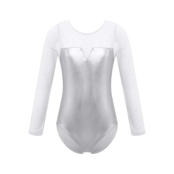 CHICTRY Kids Girls Long Sleeve Gymnastics Leotard Rhinestone Metallic Ballet Leotard Performance Dancewear Silver 12