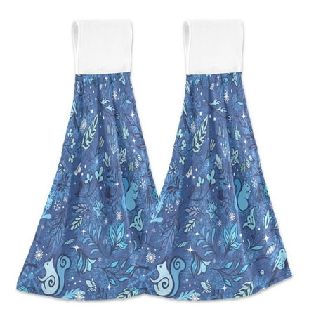 

Blue Winter with Leaves and Animals 2pcs Loop Hanging Bathroom Hand Towel Soft Dish Towel Absorbent Tie Towels for Kitchen Tea Bar Washcloth Toilet Decor