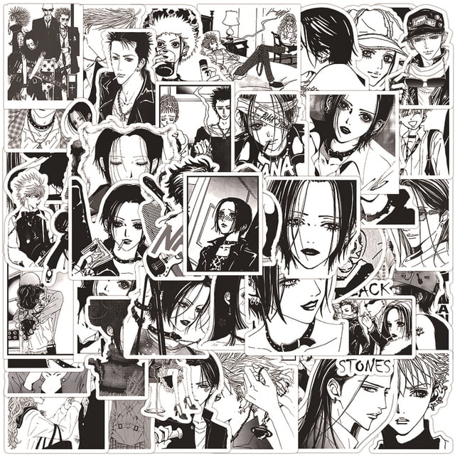 61 pegatinas de anime nana en blanco y negro para casco — hoja con múltiples stickers precortados en blanco y negro que muestran viñetas y retratos estilo manga del anime Nana; piezas variadas de 3 cm–9 cm, acabado visible y disposición en collage centrado sobre fondo neutro. También suele usarse para decorar laptops, cascos o cuadernos.
