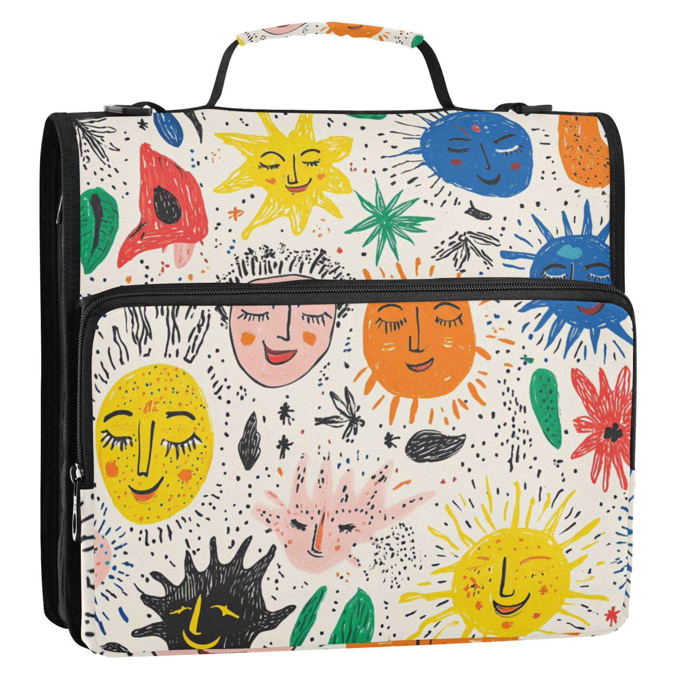 3 Ring Zipper Binder with Shoulder Strap Waterproof Trapper Keeper 2 Inch D-Ring 500 Sheets Capacity Hand Drawn Sun