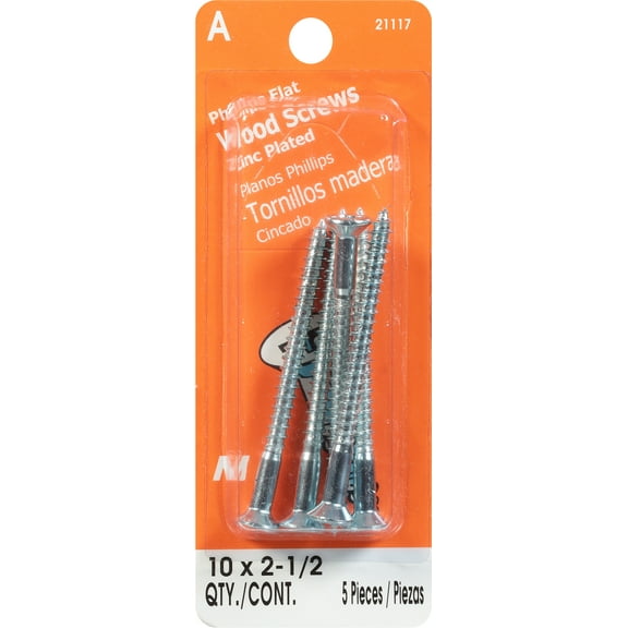 #10 x 2-1/2" Zinc Plated Steel Phillips Flat Head Wood Screws