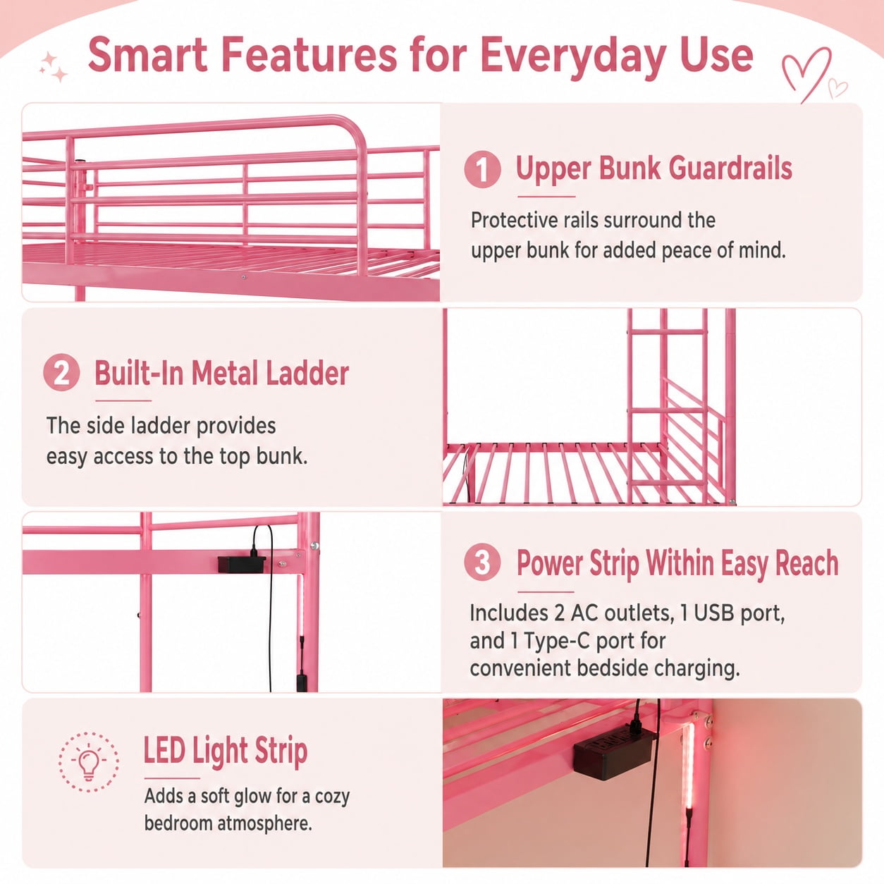 Miniyam Twin Over Twin Metal Bunk Bed with Storage Drawers, Convertible Bunk Bed with Guardrails, Ladder, Pink