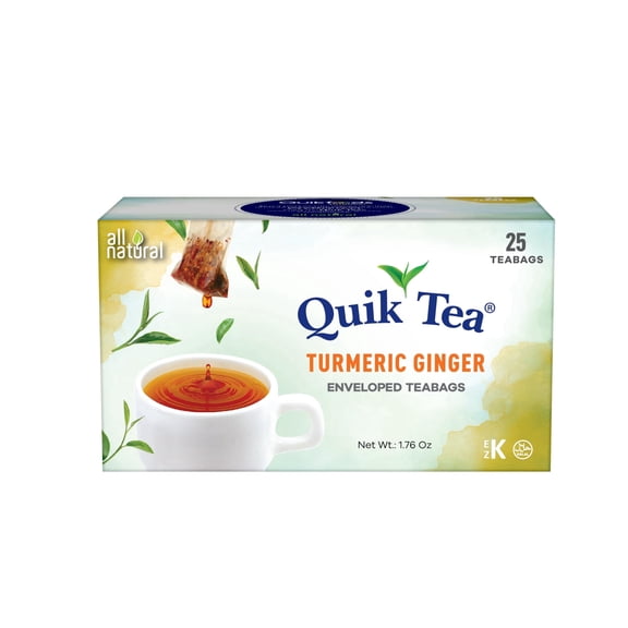 QuikTea Turmeric Ginger Tea Bags - 25 Count - All Natural, Preservative Free - Caffeine Free, Natural Spices - Warming and Comforting Flavor - Easy To Brew
