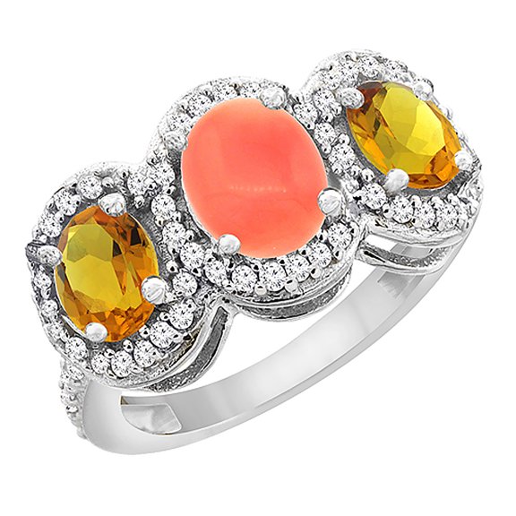 10K White Gold Natural Coral & Citrine 3-Stone Ring Oval Diamond Accent, size 6