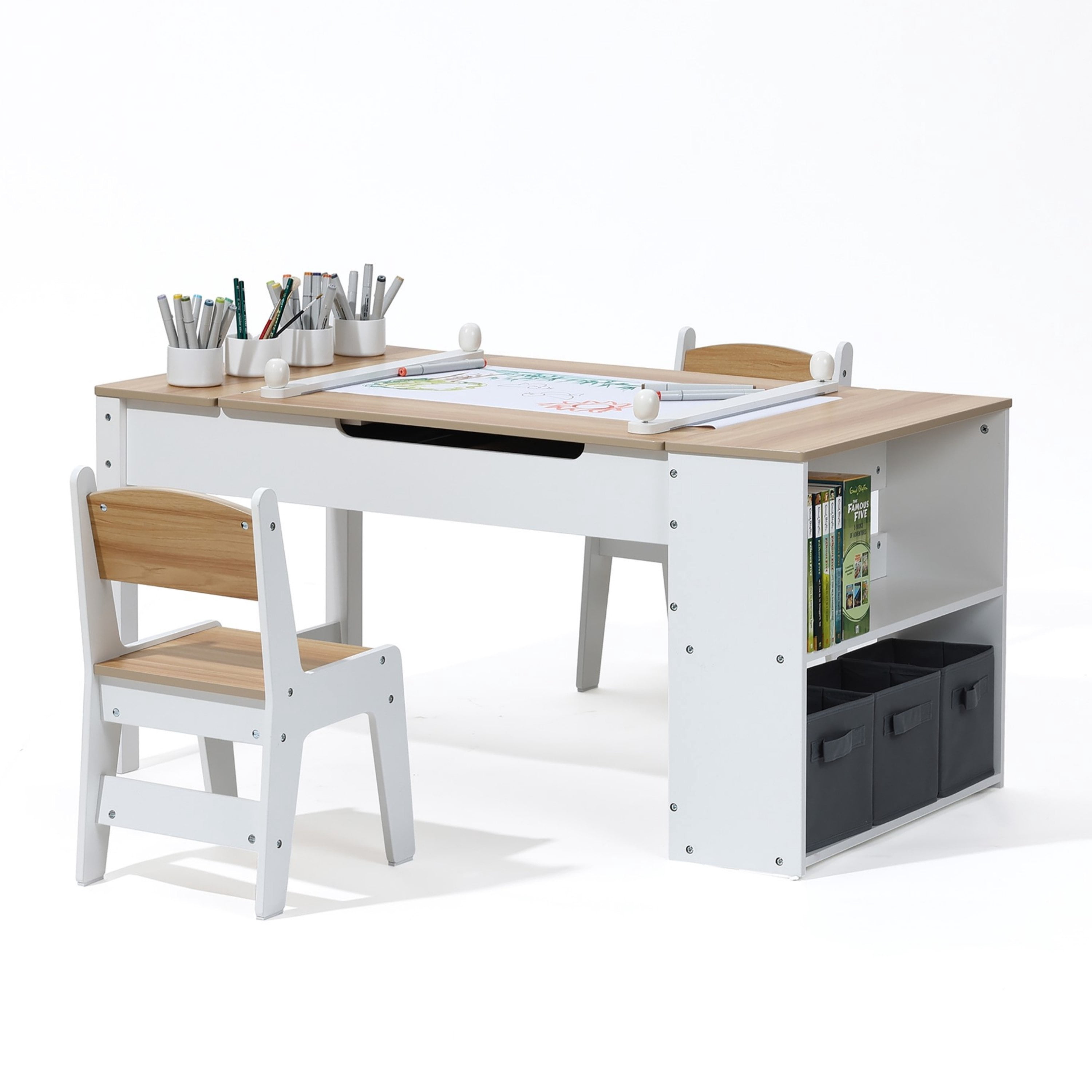 LuxenHome Activity Children Table with Storage Bookcase and 2 Chairs Set