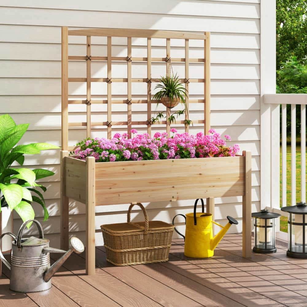 Yardi Yarda Raised Garden Bed with Lattice Trellis and Drainage Holes Elevated, Garden Bed for Outdoor as Yard, Natural