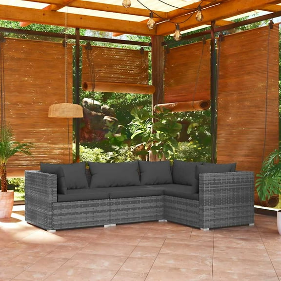 vidaXL 4 Piece Patio Lounge Set with Cushions Poly Rattan Gray