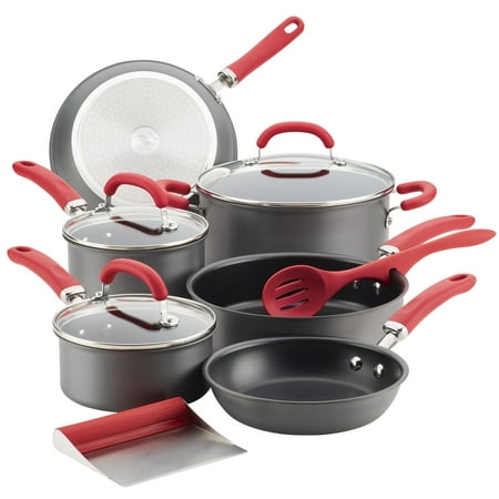 Rachael Ray Create Delicious Hard-Anodized Aluminum Nonstick Cookware Set, 11-Piece, Red Handles