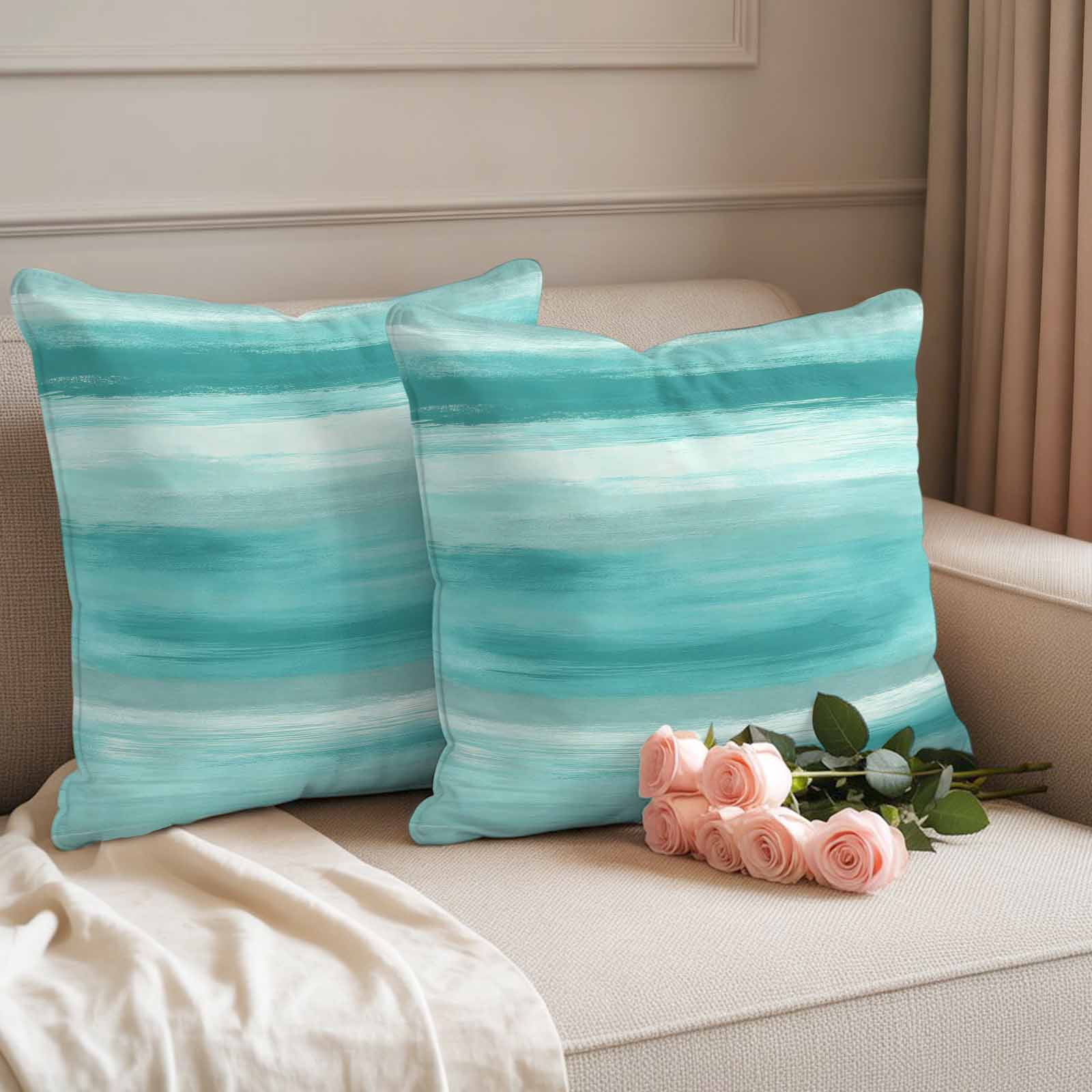 Teal Green Grey Outdoor Waterproof Pillow Covers, Abstract Art Oil Painting Turquoise Ombre Decorative Square Throw Pillowcase Sofa Cushion Sham for Patio/Couch/Chair, 20"x20" 2 Pack