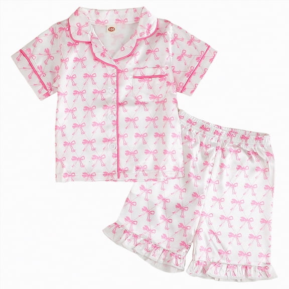 WUANDIXFA Silk Pajamas Girls Pajamas Satin Pajama Set Silk Pjs Short Sleeve Button Down Summer Bow Sleepwear for Kids 18-24 Months,Pink