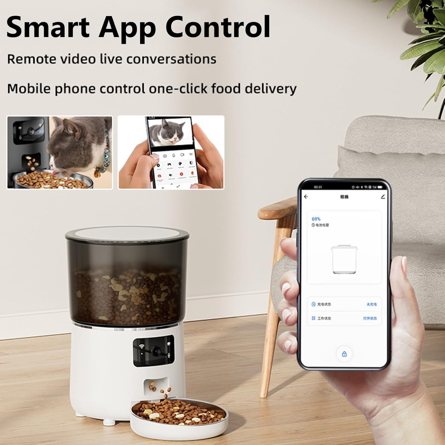 Automatic Cat Feeder with Camera, 1080P HD Video Cat Food Dispenser with Stainless Steel Bowls WiFi Automatic Pet Feeder with 2 Way Audio