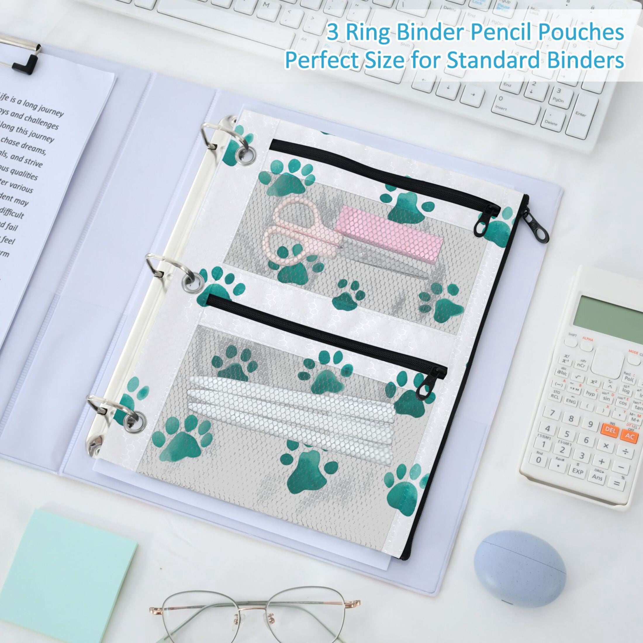 3-Hole Pencil Pouch for 3 Ring Binder Clear Zippered Pen Case with Window Teal Dog Paw Prints