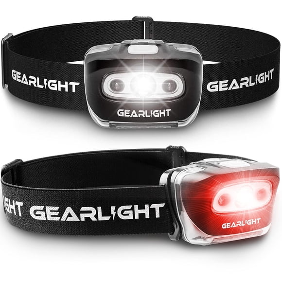 GearLight Paquete de 2 faros LED – Lámparas de cabeza para acampar al aire libre con diadema ajustable – Linterna brillante ligera con batería con 7 modos y cabeza giratoria y luz roja