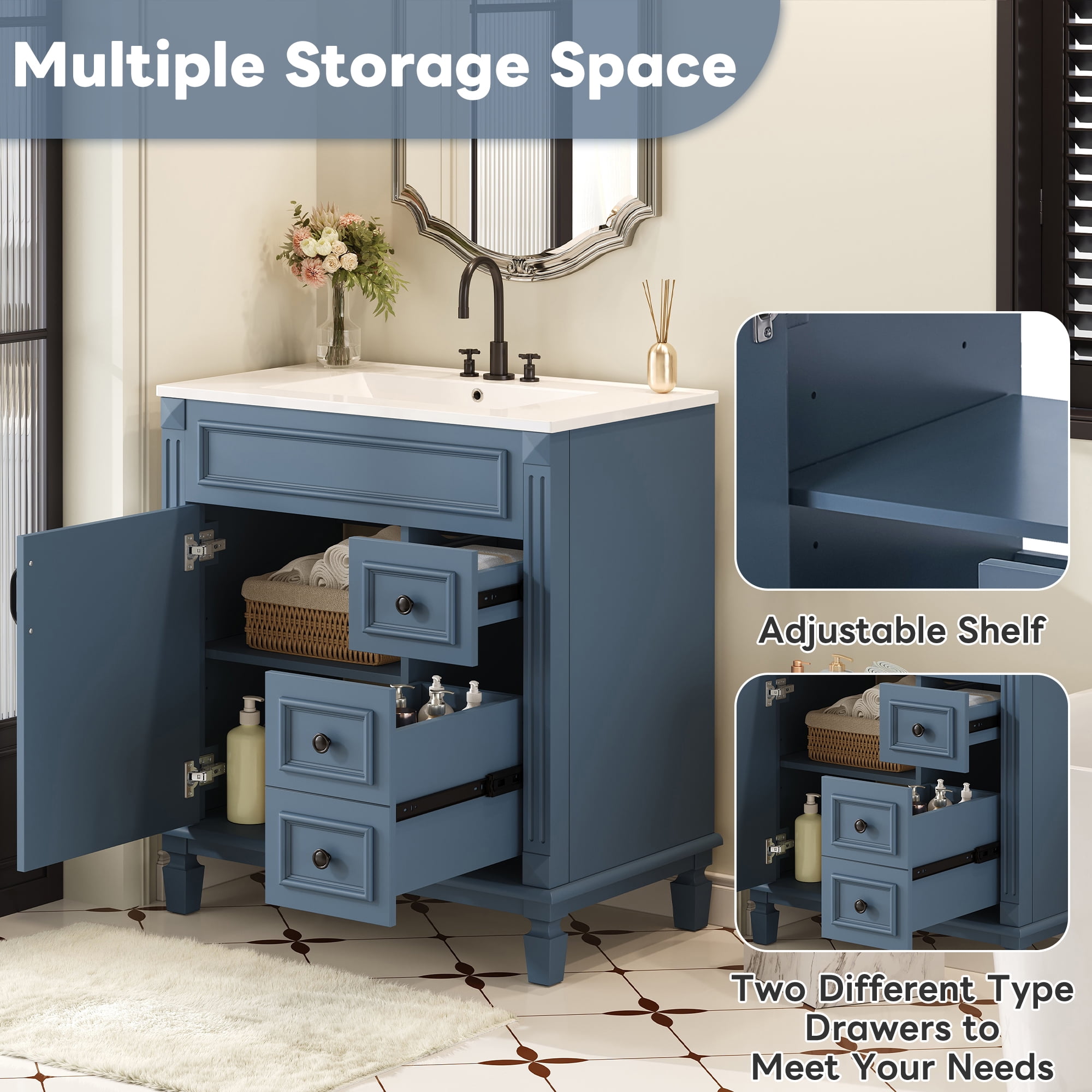 Harper & Bright Designs 30'' Small Bathroom Vanity with Sink, Modern Bathroom Cabinet Freestanding with Drawers, Bathroom Storage Cabinet with Adjustable Shelf, Blue