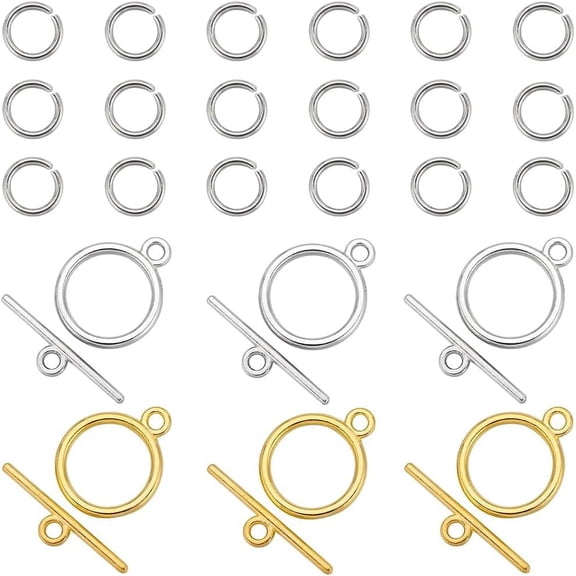 1Box 60 Sets OT Clasps Gold Toggle Clasp 200Pcs Stainless Steel Open Jump Rings Tibetan Silver Alloy Round Metal Toggle Clasps Connectors Necklace Bracelet