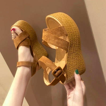 

Bescita Womens Sandals Clearance Fashion Women Ankle Strap Summer Slide Sandals Platforms Wedges Shose Rollback Yellow 5-5.5