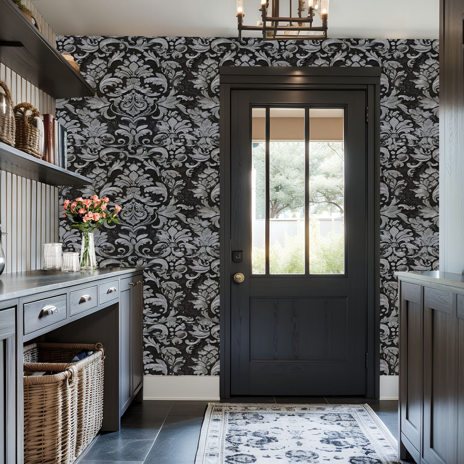 Vintage Peel and Stick Wallpaper 17.7in x 9.8ft Elegant Black Silver Damask Floral Embellishments Contact Paper Vinyl Waterproof Self Adhesive Wall Paper for Bedroom Shelf Cabinet