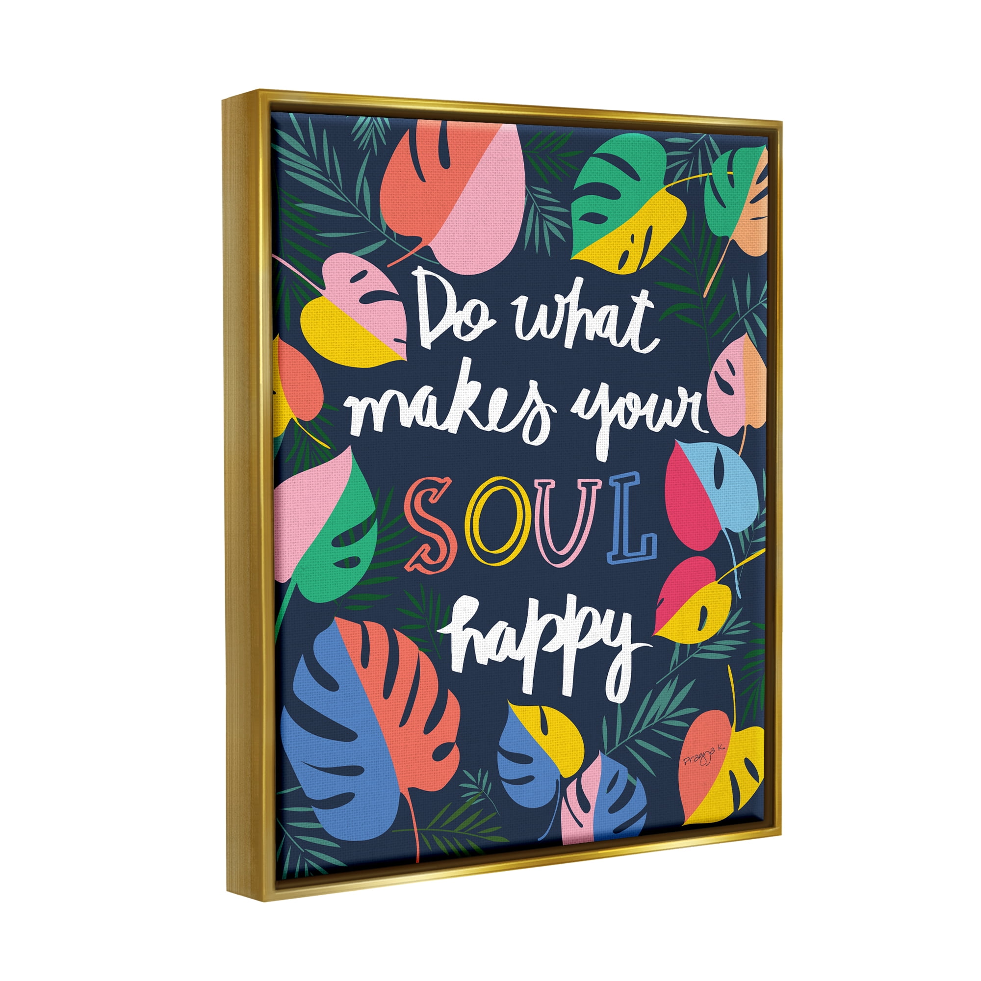 Stupell Industries Happy Soul Phrase Botanical & Floral Painting Gold Floater Framed Canvas Art Print Wall Art, 17 x 21