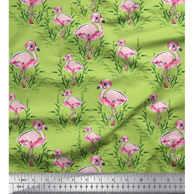 Soimoi Green Velvet Fabric Grass & Flamingo Bird Print Fabric by the Yard 58 Inch Wide