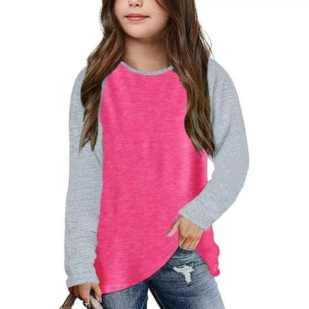 

Geire Children Girls Long Sleeve Shirts Casual Colorblock Raglan Sleeve Crewneck Tops Loose Plain Tunic Cute Blouse Tees