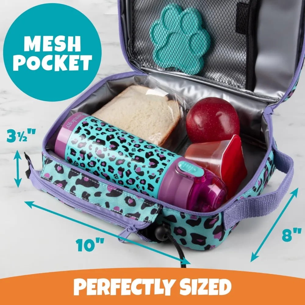 Bentology Kids Lunch Bag Set - Cheetah - w Reusable Hard Paw Print Ice Pack & Insulated Water Bottle - Hot or Cold Food for Hours - Perfect Lunch Box Kit for Boys & Girls