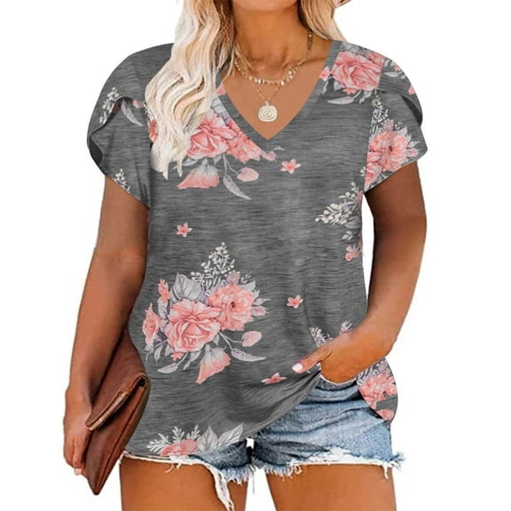 CASSIE LIZ Womens Tops Plus Size Summer Shirts Hot Pink V Neck Fashion Short Sleeve Tee Loose Fit Tunics Spring Blouses Casual Pullover XL 14W 16W