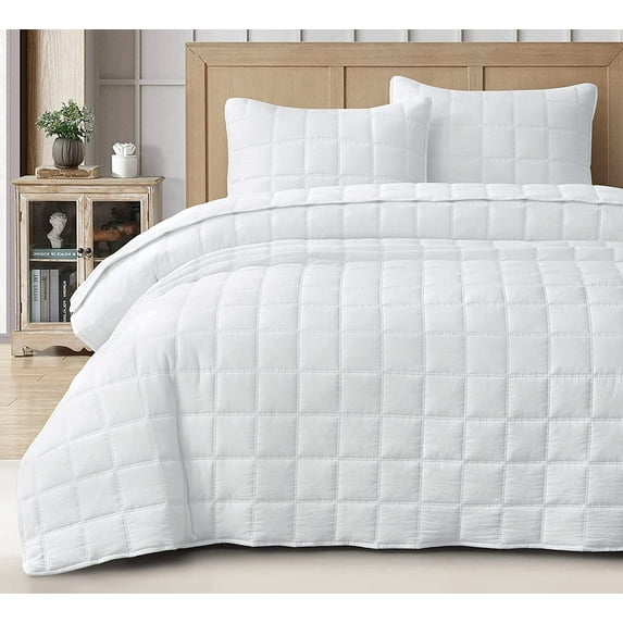 Chezmoi Collection Branson 3-Piece White Queen Size Quilt Set - Stone-Washed Detailed Square Stitch Soft Microfiber Lightweight Quilted Bedspread Coverlet Set for All Seasons