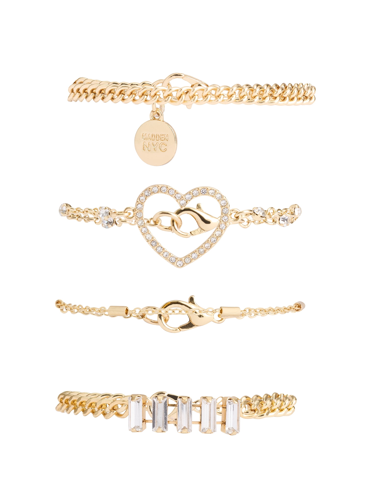 Madden NYC Women's Fashion Gold Tone Pavé Heart Mixed Bracelet Set, 4-Piece
