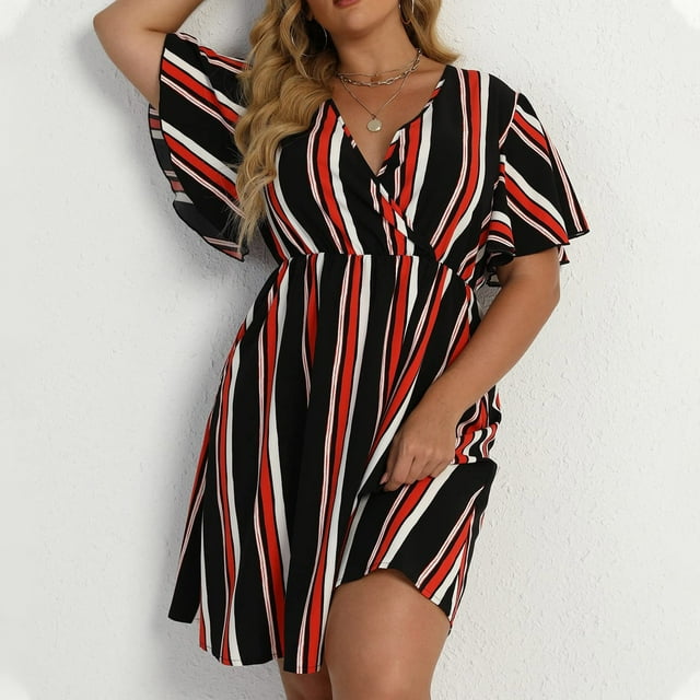Robes Grande Taille pour Femmes Grande Taille Été Décontracté Manches Courtes Col en V Imprimé Manches Robes Robe Ample en Liquidation