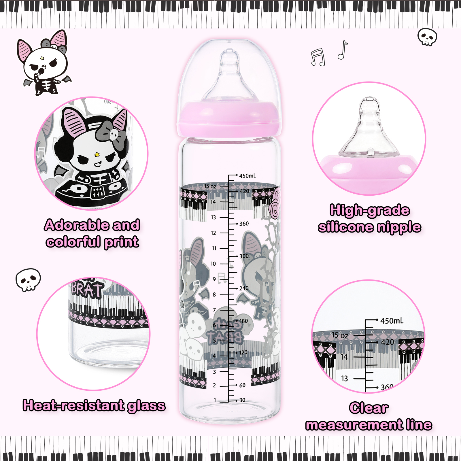 LittleForBig Adult Baby Bottle Ultra Printed Specialty Oversized Glass Feeding Bella Goth Brat Pattern