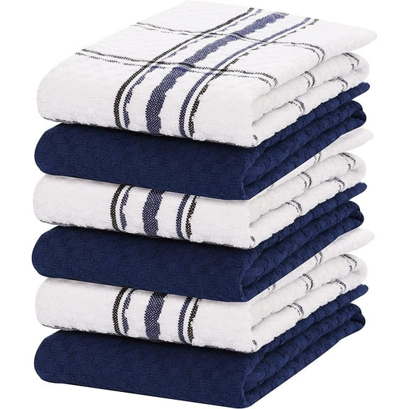 Ruvanti Pack of 6 - 100% Cotton 15x25 Kitchen Towels, Dish Towels for Kitchen, Soft, Washable Dish Cloths, Super Absorbent Terry Tea Towels Linen Dishcloth for Quick Drying, Blue-White