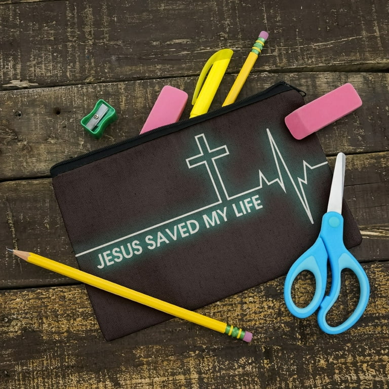 Jesus Saved My Life EKG Heart Rate Pulse Religious Christian Pencil Pen  Organizer Zipper Pouch Case 