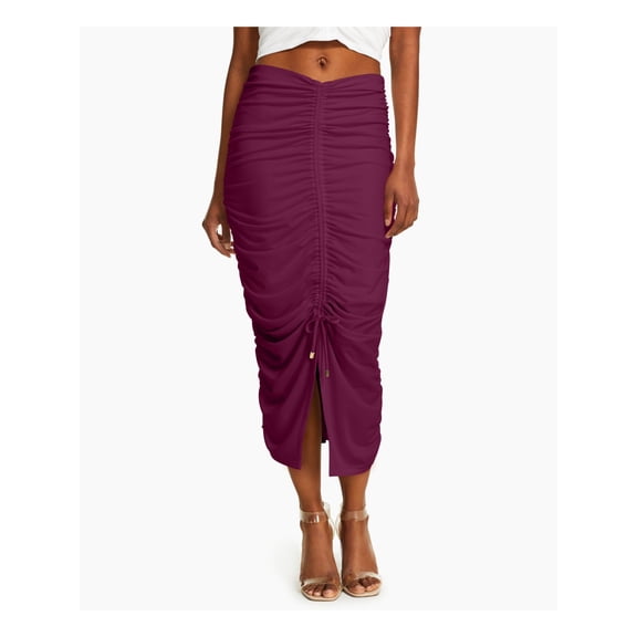 INC Womens Burgundy Stretch Ruched Tie Slitted Midi Party Pencil Skirt L