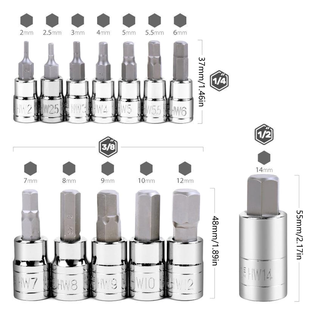 Allen Hexagon Bit Socket, 13Pcs Metric 2-14mm Allen Socket, Hexagon Socket Set
