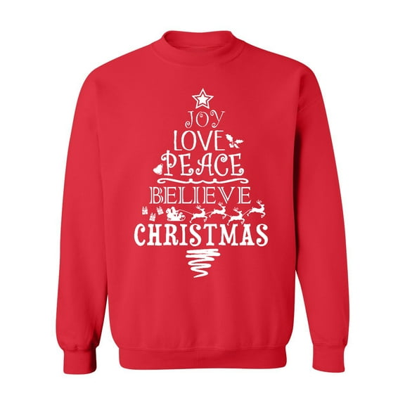 P&B Joy Love Peace Believe Christmas Tree Crewneck Sweatshirt, XL, Red