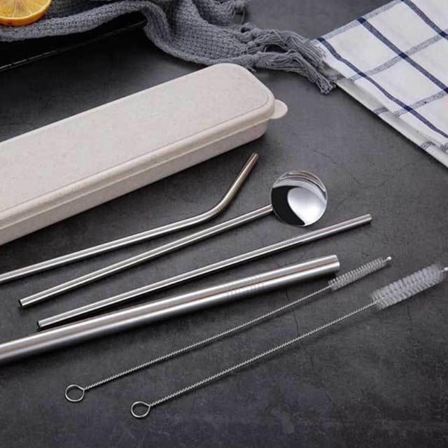 Pajitas De Metal De Acero Inoxidable Pajitas Para Beber Portátiles Con 2 Cepillos De Limpieza Y Bolsa Pajitas De Metal Dobladas Y Rectas Para Café Con Jugo De Limonada Kearding HA041732-04
