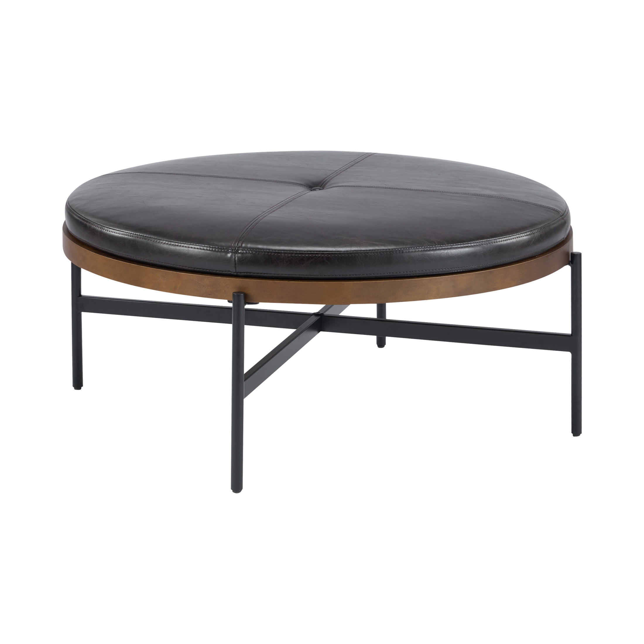 Christopher Knight Home Industrial 36" Round Cocktail Ottoman, Button Tufted PU Upholstered Coffee Table, Black