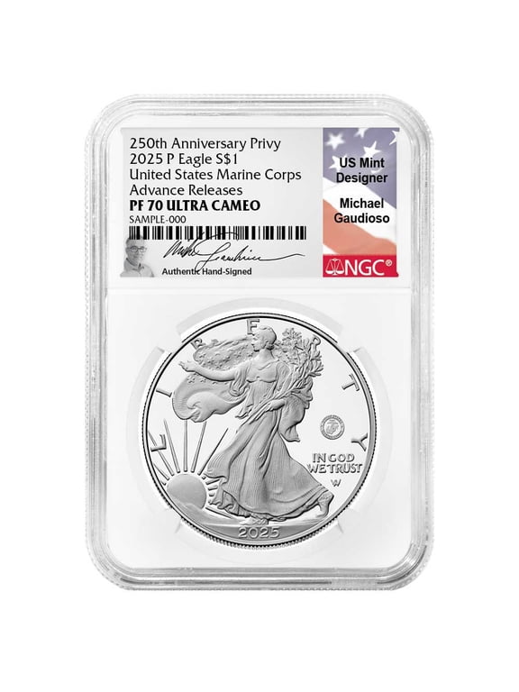 2025-P Proof $1 American Silver Eagle Marine Corps Privy NGC PF70UC AR Gaudioso Flag Label 250th Anniversary