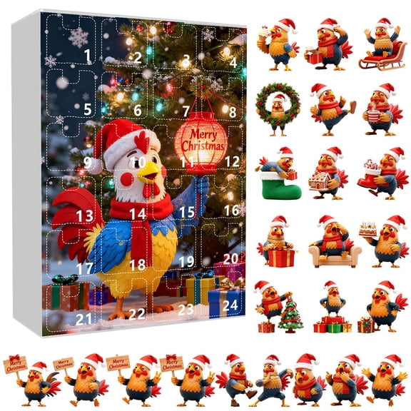 Chicken Advent Calendar 2025, Hanging Decorations for Xmas Tree, 24 Days ChristmasCountdown Toys with 24PC Acrylic Chicken Ornaments Christmas Advent Calendar with 24PC Christmas Ornaments B