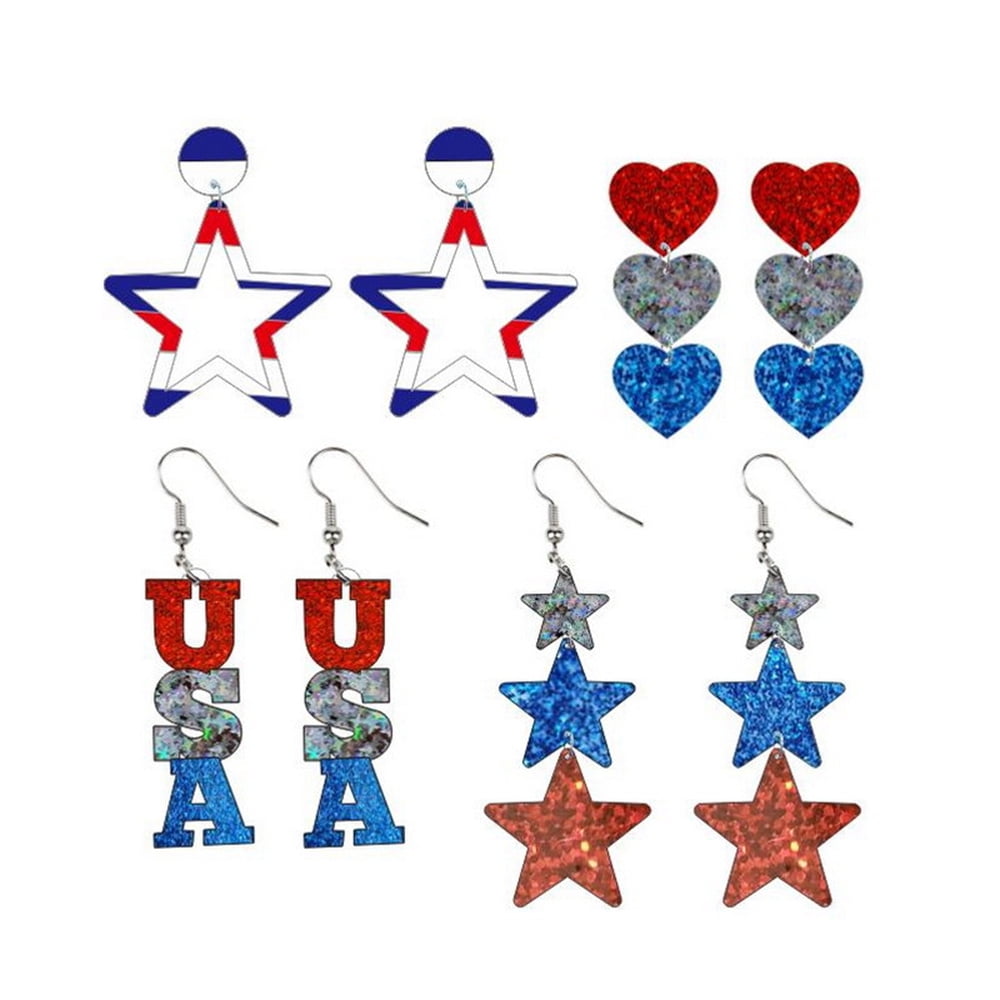 Patriotic Glitter Dangle Earrings Red White Blue Star Heart American Flag Acrylic Jewelry Women