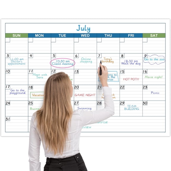 Undated Dry Erase Wall Calendar 40x28 Inches Large Format, Reusable Monthly Planner with 10 Labels, Big Daily Blocks for Office Organization, White