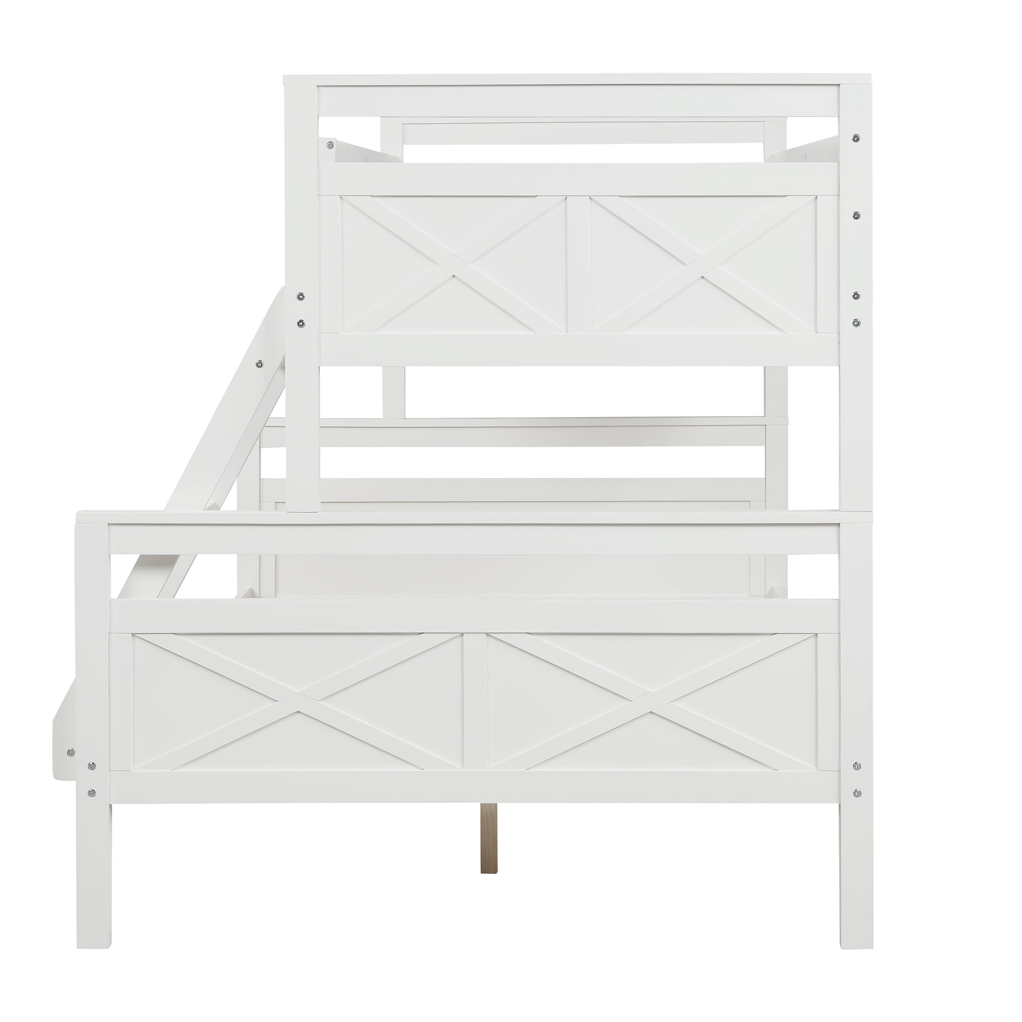 Euroco Modern Solid Wood Twin over Full Kids Bunk Bed Frame with Ladder, White