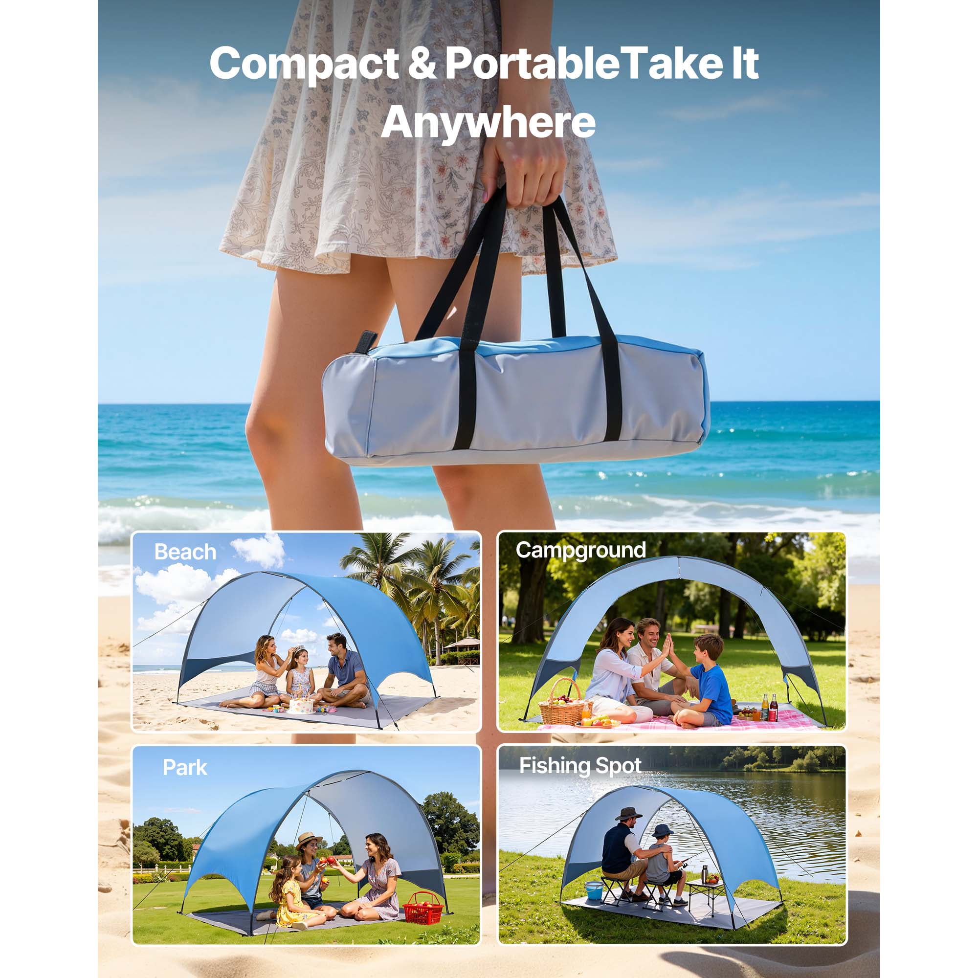 KFFKFF Beach Tent Sun Shelter for 3 People, UPF 50+ Sun Protection, Portable Canopy with Carry Bag & Ground Stakes, Lightweight and Simple Setup for Camping, Fishing, Outdoor Picnics