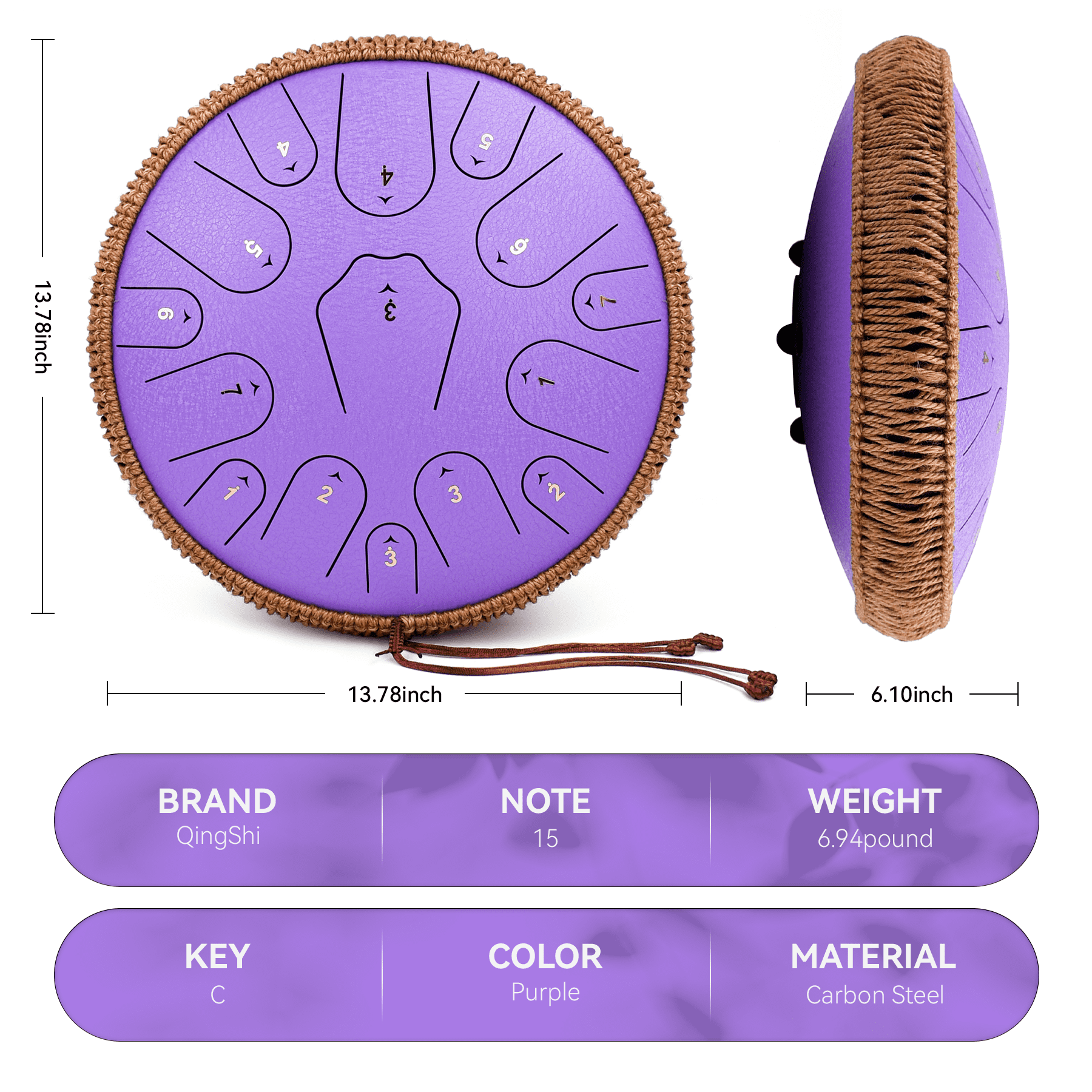 Steel Tongue Drum-14 Inch 15 Notes Tongue Drums, Steel Drum Instrument for Adults, Handpan Drums with Music Book, Handpan Drum Mallet, and Carry Bag, C Major (Purple)