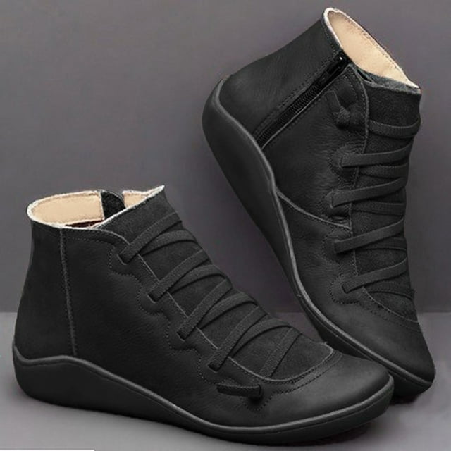 MPWEGNP Chaussures pour Femmes Bottes Plates en Cuir Rétro à Lacets Fermeture Éclair Latérale Bout Rond (Noir 9.5)